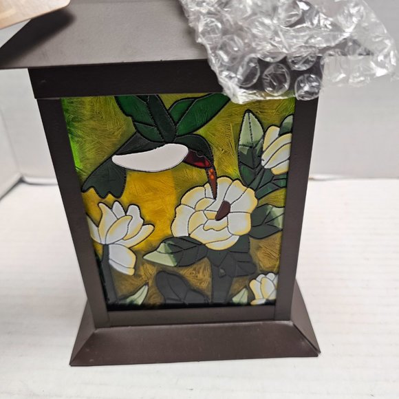 New Pagoda Zen Stained Floral Glass Solar Powered Garden Humming Bird Lantern - Picture 3 of 16